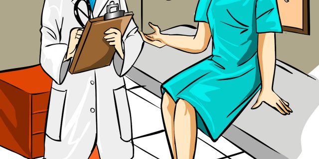 doctor with clipboard talking to patient on exam table