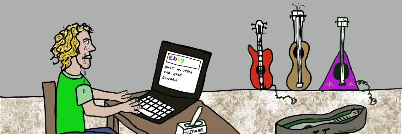 Hyperacusis Research: What People Miss About Life Before Hyperacusis illustration of a person selling their guitars on ebay