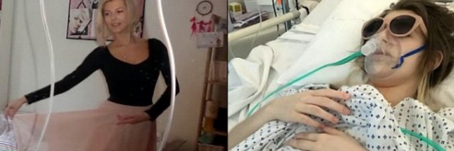 photo of a girl dancing in a tutu next to a photo of the girl in the hospital wearing sunglasses and hooked up to multiple machines