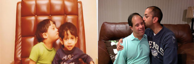 Kishore and Das as children and later as adults.