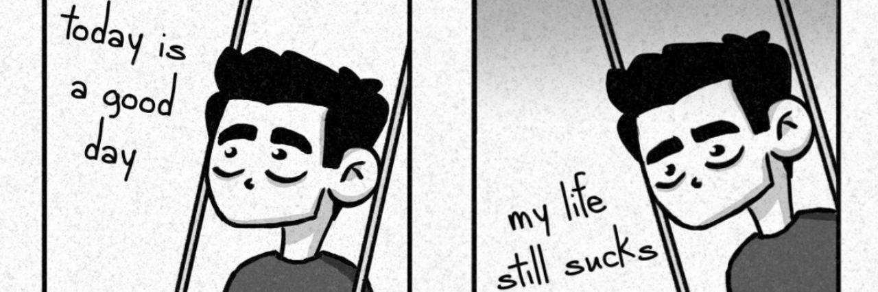 SandSerif Comics Shares Life With Mental Illness SandSerif comic. First panel says "waht a good day." Second panel says "my life still sucks"