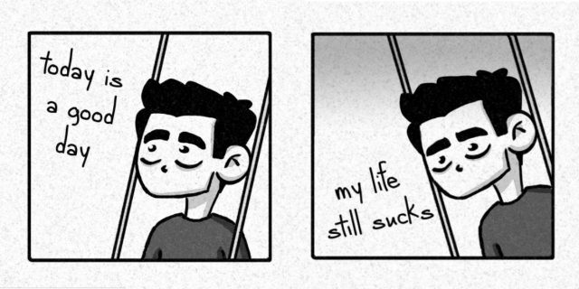 SandSerif comic. First panel says "waht a good day." Second panel says "my life still sucks"