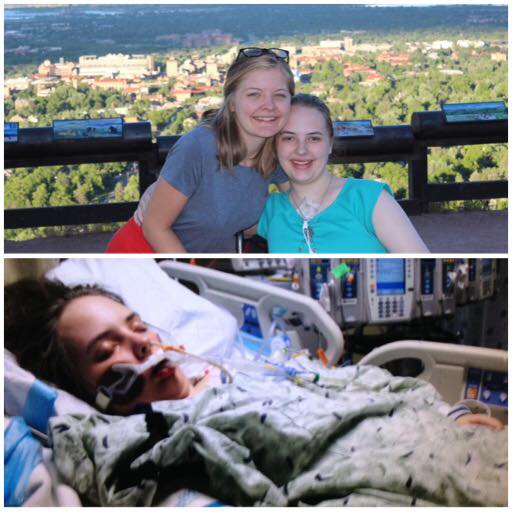 photo of woman outside smiling next to photo of the same woman in the ER