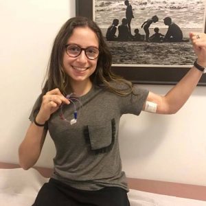 The writer with her PICC line out.