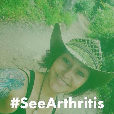 woman wearing a hat and hiking with text #seearthritis