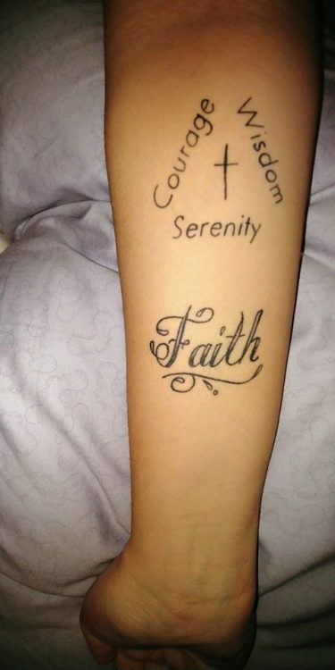 tattoo with words 'courage, faith, wisdom and serenity'