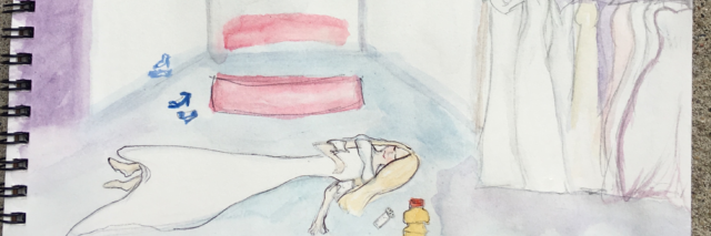 watercolor painting of a woman fainting at her wedding dress fitting