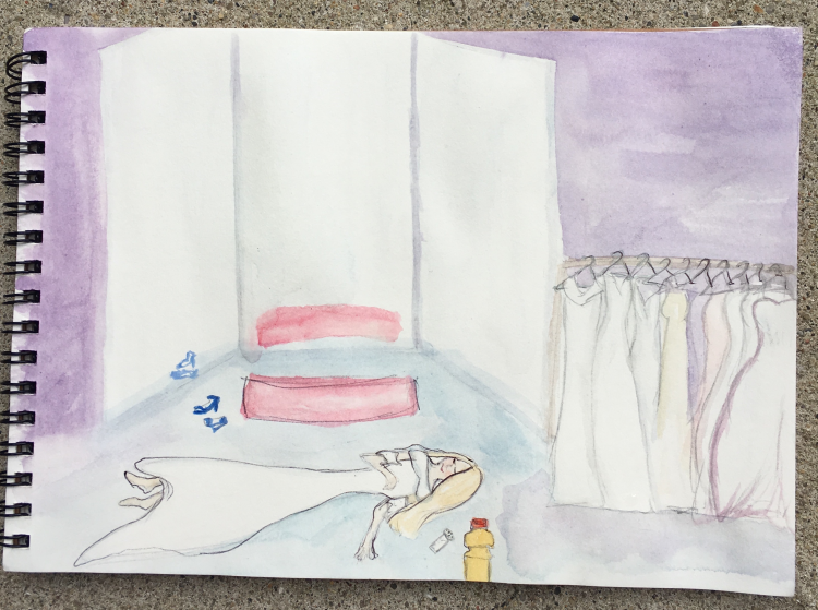 watercolor painting of a woman fainting at her wedding dress fitting