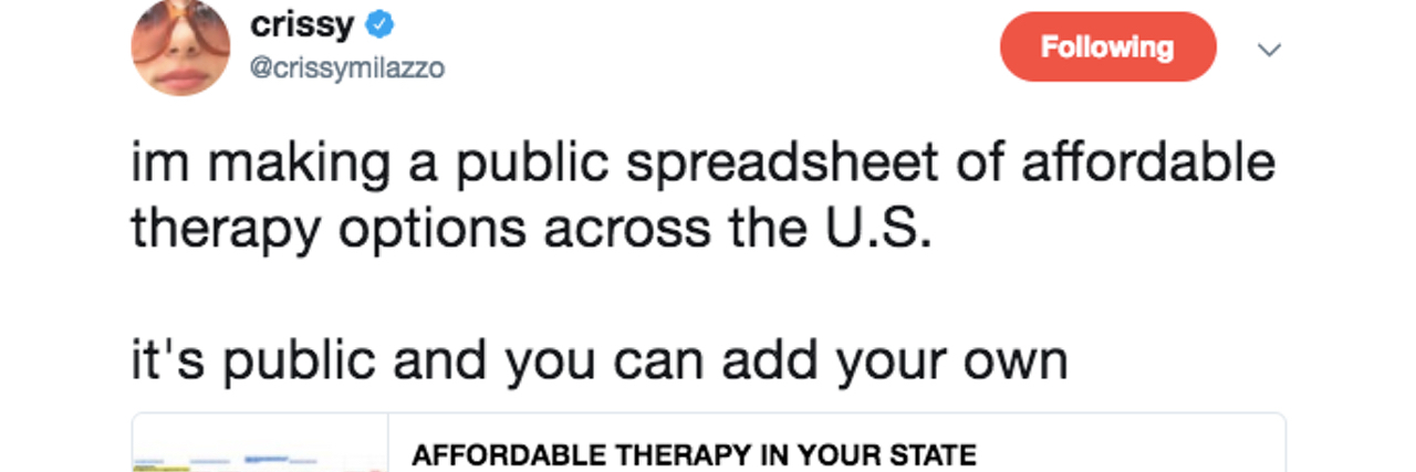 Crissy Milazzo Shares Affordable Therapy Spreadsheet on Twitter Tweet from Crissy Milazzo which reads "im making a public spreadsheet of affordable therapy options across the U.S. it's public and you can add your own."