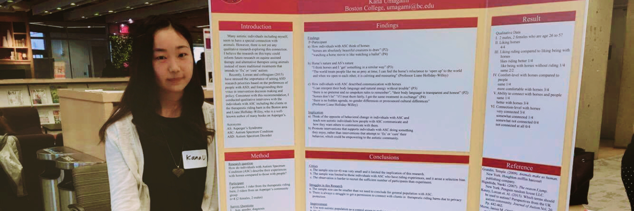 What It Was Like to Grow Up in Japan With Undiagnosed Autism Kana with her conference presentation poster on the topic of Asperger's and horses.