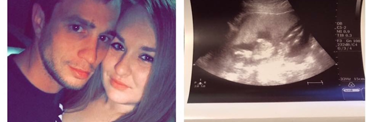 photo of a woman and her partner next to two ultrasound photos of her babies