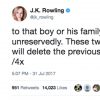 Tweet from JK Rowling which reads "to that boy or his family, I apologise unreservedly. These tweets will remain, but I will delete the previous ones on the subject."