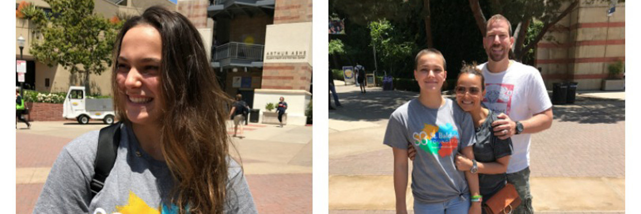 From the Balance Beam to the Barber’s Chair: My Childhood Cancer Story Juliana A with parents after shaving head