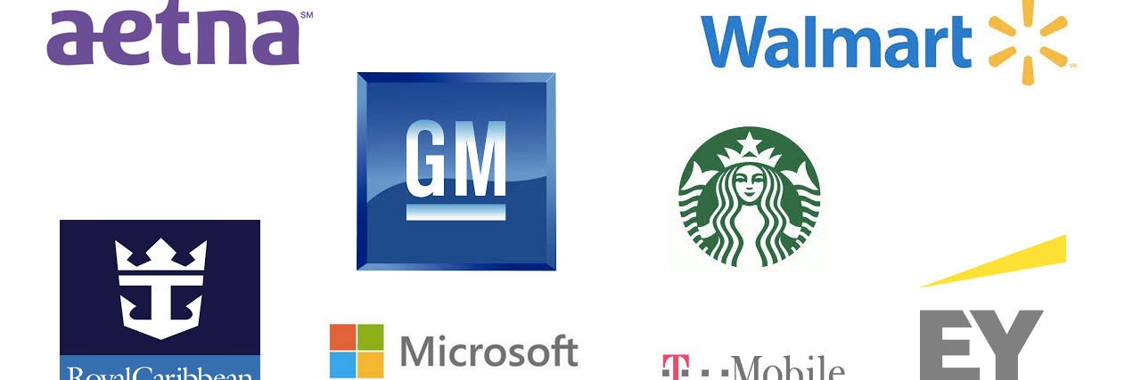 2017 Best Companies to Work for If You Have a Disability logos for Starbucks, EY, Walmart, Aetna, Royal Caribbean, Microsoft, T-Mobile, GM