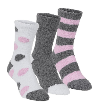gray and pink fuzzy socks