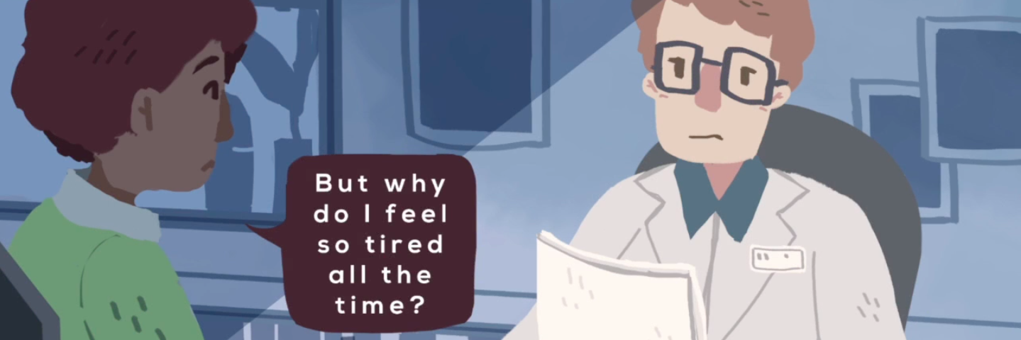 screenshot from 'robin' video game of a man asking the doctor 'but why do I feel so tired all the time?'