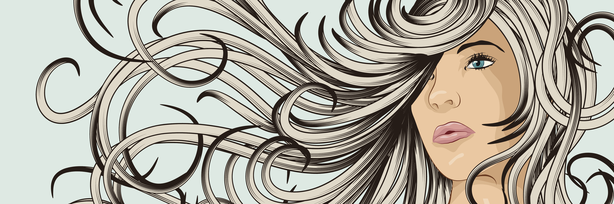 "Beautiful woman with long hair blowing in the wind. Face, hair and background are on separate layers. Each hair strand is individual object. Easily change colors . Extra folder includes Illustrator CS2 AI and PDF files."