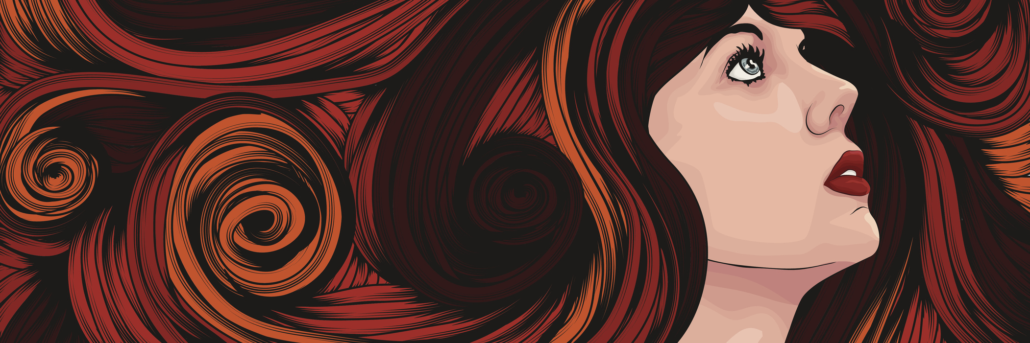 Beautiful woman looking up with long curly hair. Face and hair are on separate layers. Each hair strand is individual object. Cropped via clipping mask. Extra folder includes Illustrator CS2 AI and PDF files.