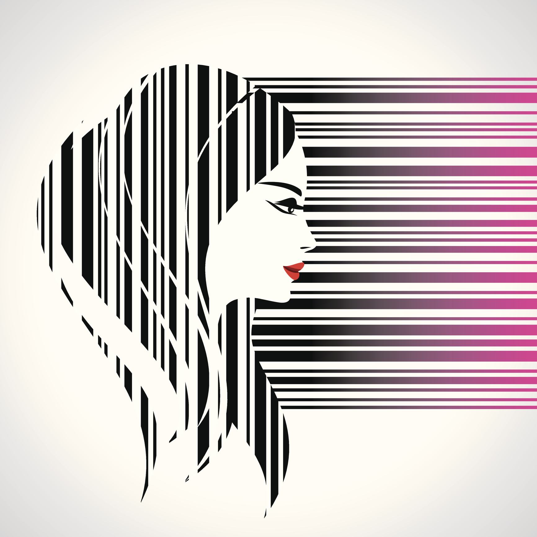 An illustration of a woman, who also flows into a barcode concept.