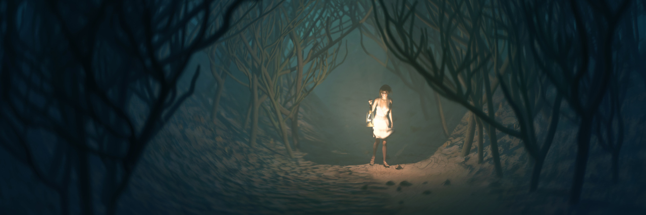 woman in white dress with lamp walking through dark forest