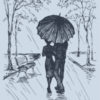 Vector romantic scene. Couple with umbrella walking along the avenue in the rain