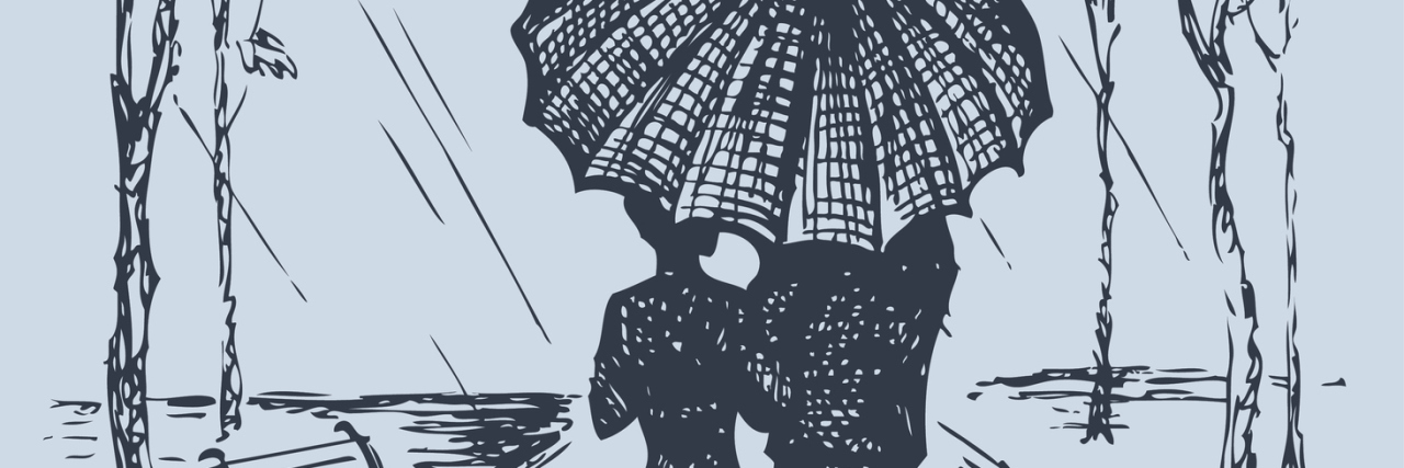Vector romantic scene. Couple with umbrella walking along the avenue in the rain
