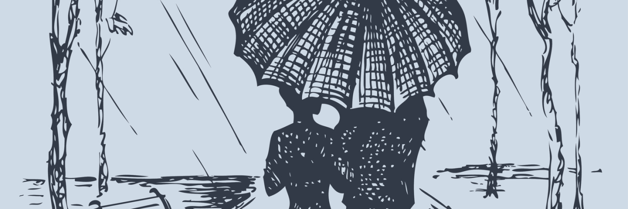 5 Tips for Having Sound Mental Health in Your Marriage Vector romantic scene. Couple with umbrella walking along the avenue in the rain