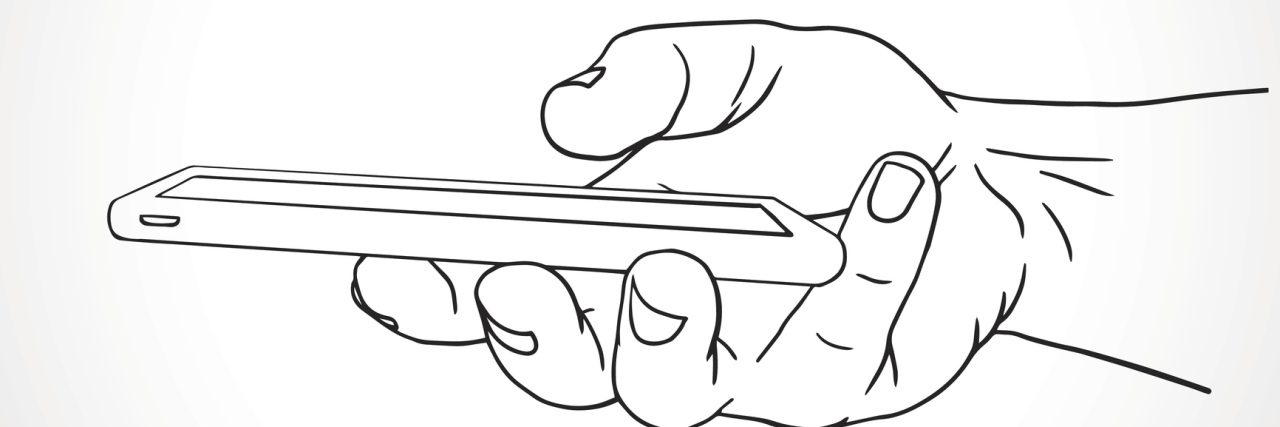 Having the Balls to Make a Call About My Testicles Hand Holding Mobile, side view. Vector illustration