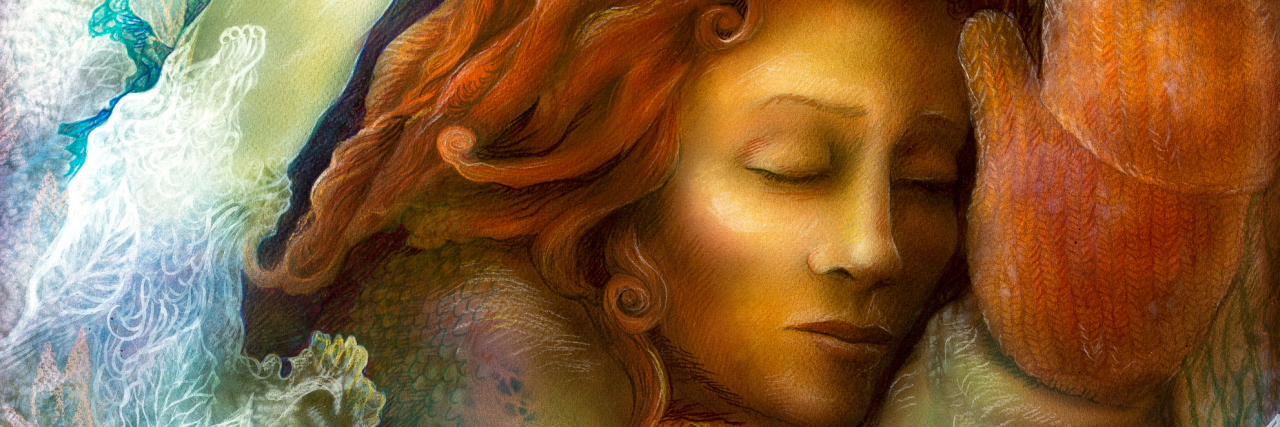 A Letter to the People Struggling With Mental Illness in Silence Beautiful fantasy colorful painting of a radiant dreaming fairy woman with red hair and winter glowes by a tree trunk, with closed eyes