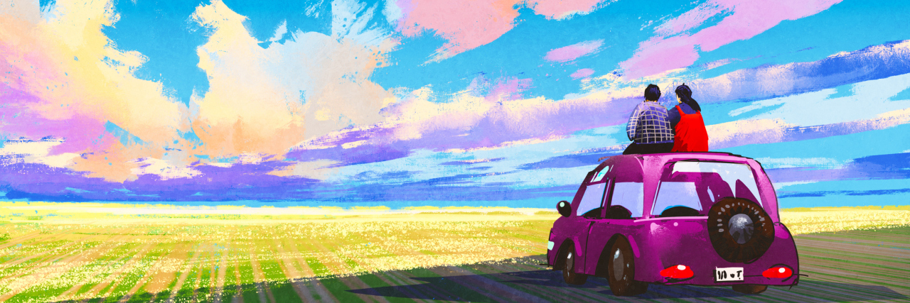 young couple sitting on car in front of dramatic landscape,illustration painting