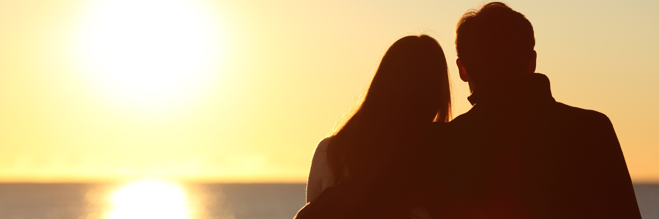 Back view of a couple watching sun on the beach