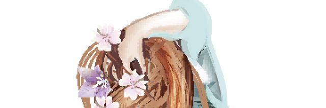 back of woman's head with long brown hair with flowers in it