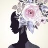 silhouette of woman with pink and purple flowers around her head