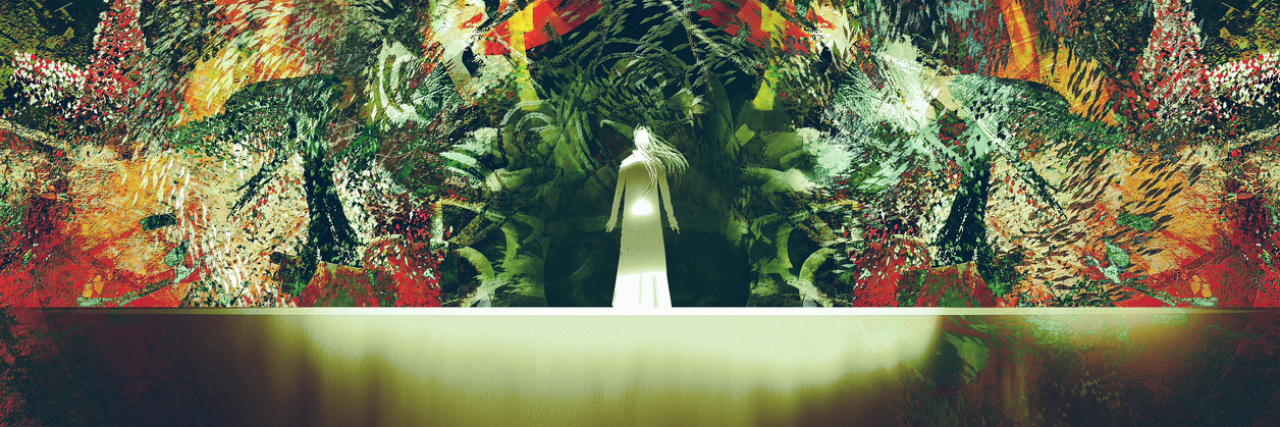 Topography of the Girl With an Eating Disorder woman in white standing in front of fantasy gate