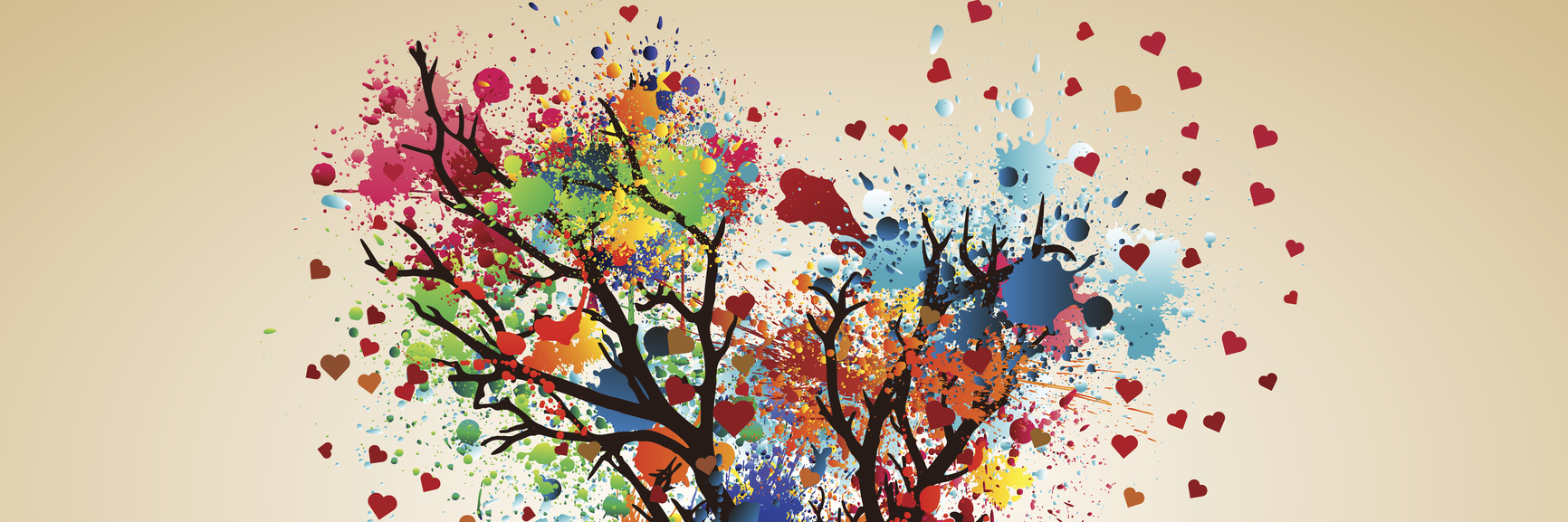 Illustration of heart-shaped tree with leaves represented by splashes of paint and hearts