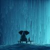 An illustration of an elephant and dog, sitting on a bench, looking at a wall or rain.