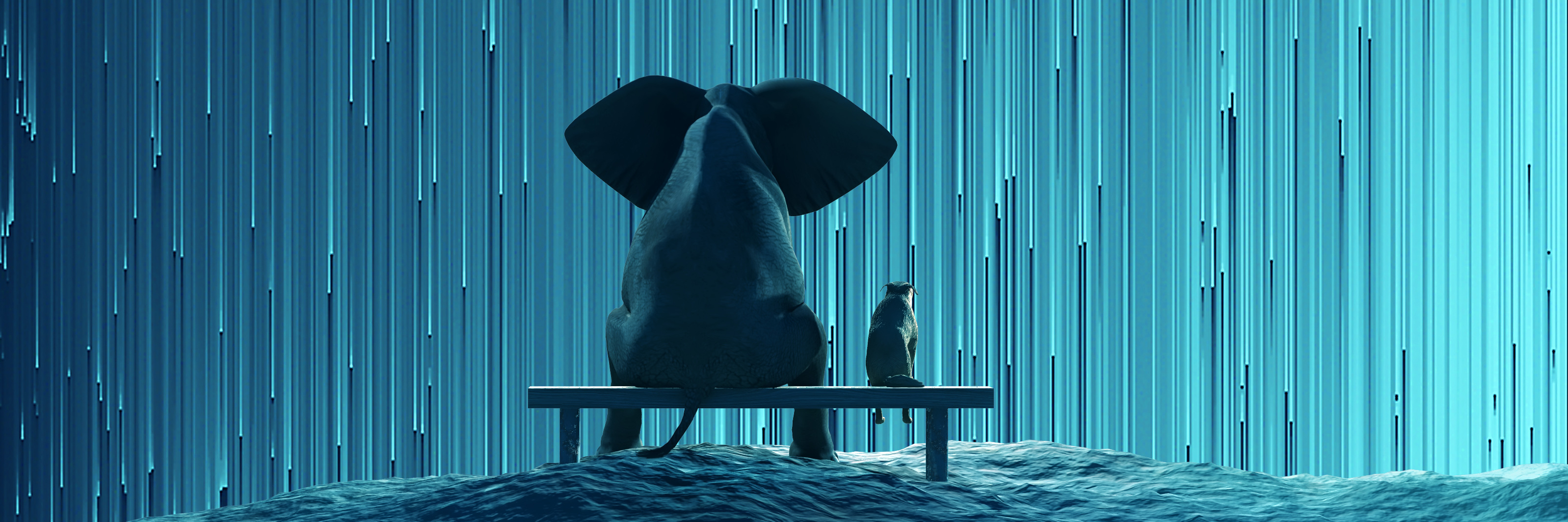 When You're Ill and Your Friend Isn't in Your Support System An illustration of an elephant and dog, sitting on a bench, looking at a wall or rain.