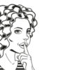 Vector line-art woman with finger on lips for quiet silence