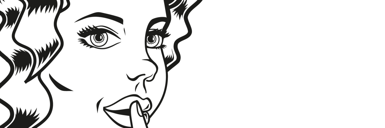 Vector line-art woman with finger on lips for quiet silence