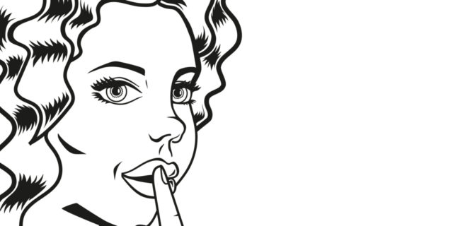 Vector line-art woman with finger on lips for quiet silence