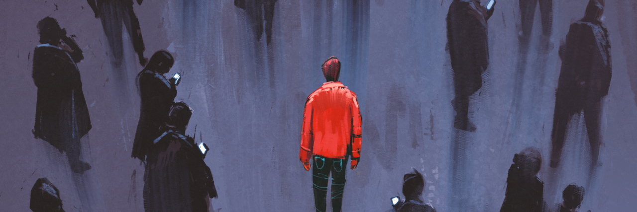 To the Bystanders of Those in the Midst of Mental Health Crises one red man standing with other people with phone,unique person in the crowd,illustration