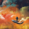 Man on a boat in colorful clouds.