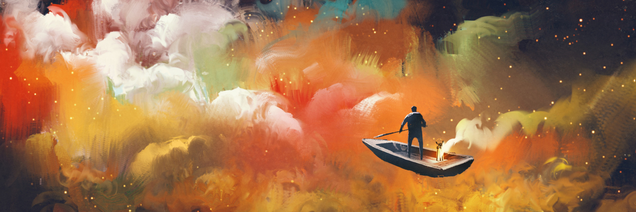 Asperger's Syndrome: My Journey of Self-Acceptance as an 'Aspie' Man on a boat in colorful clouds.