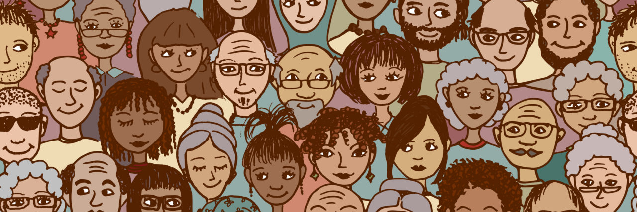 Diverse crowd of people - seamless pattern of hand drawn faces from various age groups and ethnic / religious backgrounds