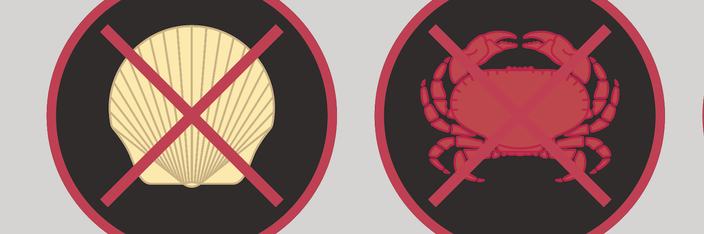 Illustration of a crab and a clam with x over them, indicating warning for food allergens