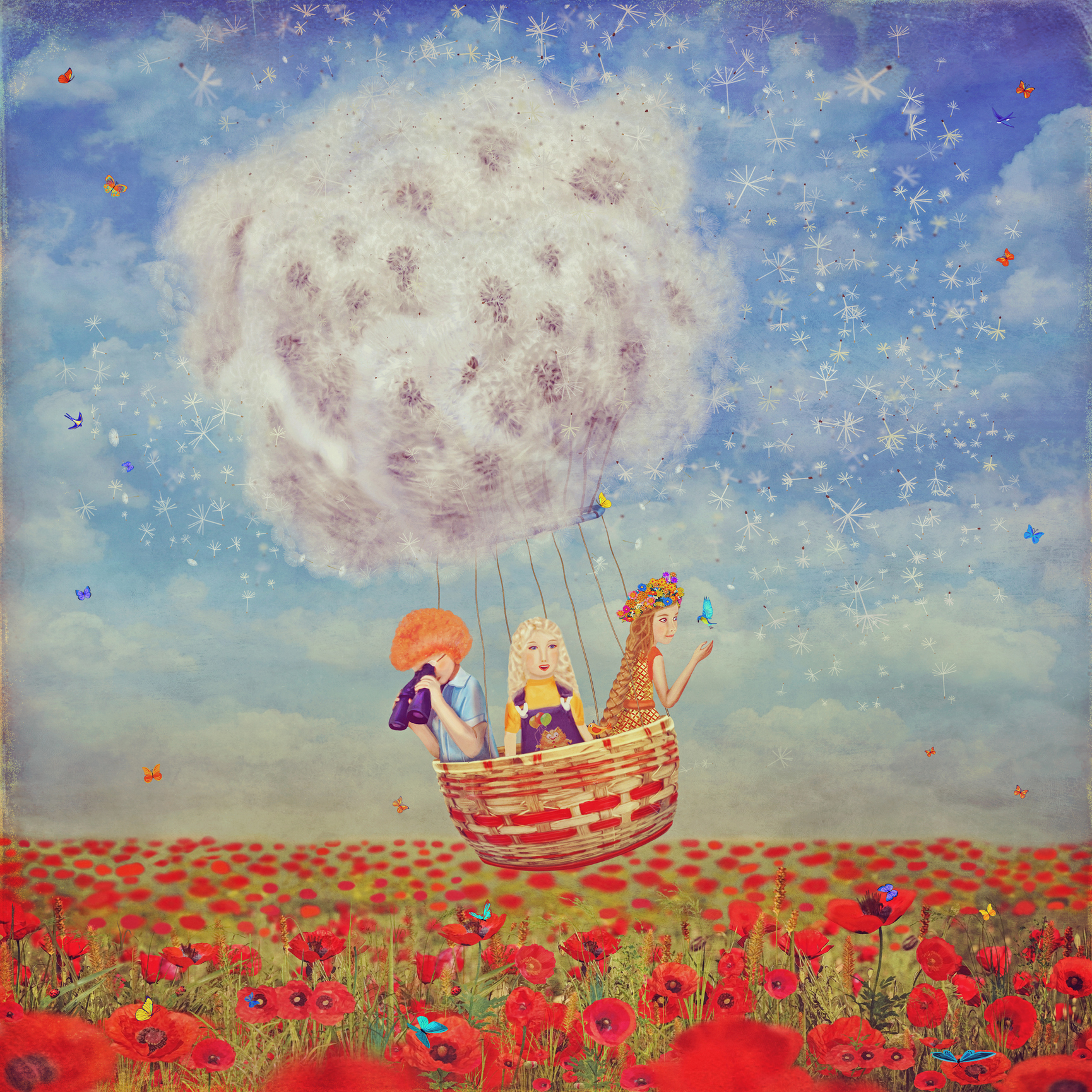 Three girls in a hot air balloon, created by dandelions. Illustration.