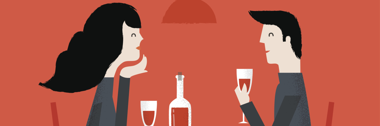 Things People Who Overthink Wish Their Significant Others Understood Romantic couple sitting in cafe - sharing a bottle of wine. Vector illustration