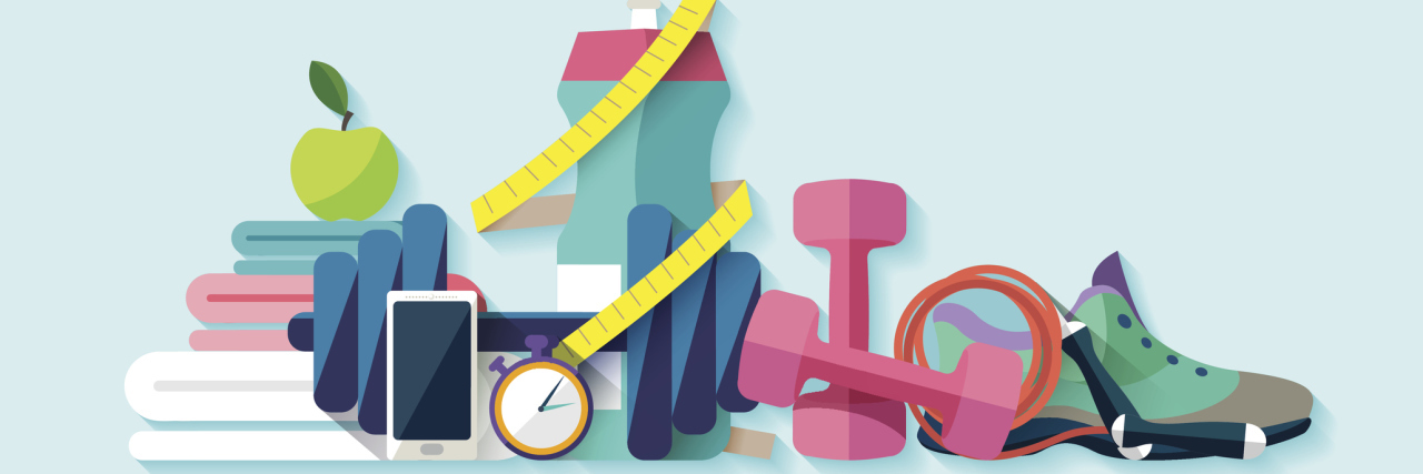 September's My Mighty Month Challenge Is Staying Active colorful illustration of sneakers, towels, an apple, weights and other fitness gear.