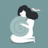 Vector illustration of a psychological theme. The sad girl with seashell. Introvert