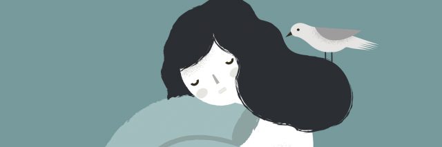Vector illustration of a psychological theme. The sad girl with seashell. Introvert